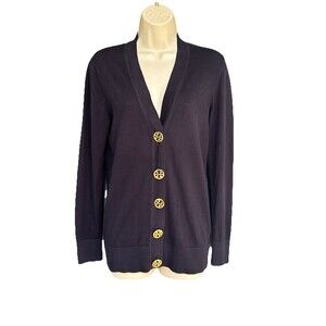 Tory Burch Size M 100% Cotton Navy Blue V-Neck Cardigan Large Gold Logo Buttons